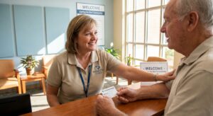 Family member holding Medicaid card while speaking with compassionate intake coordinator at Daylight Wellness outpatient clinic reception desk in Piedmont, SC