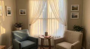 Comfortable therapy office chairs in natural sunlight representing supportive depression counseling environment