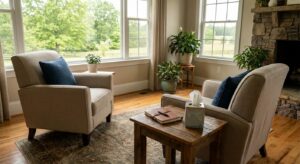 Two empty therapy chairs in a sunlit counseling office in Piedmont SC, symbolizing the supportive space for co-occurring disorder treatment