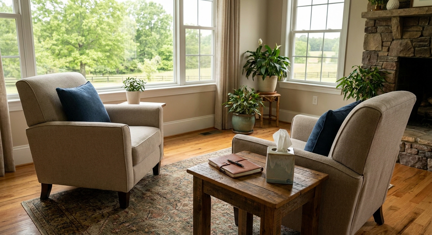Two empty therapy chairs in a sunlit counseling office in Piedmont SC, symbolizing the supportive space for co-occurring disorder treatment