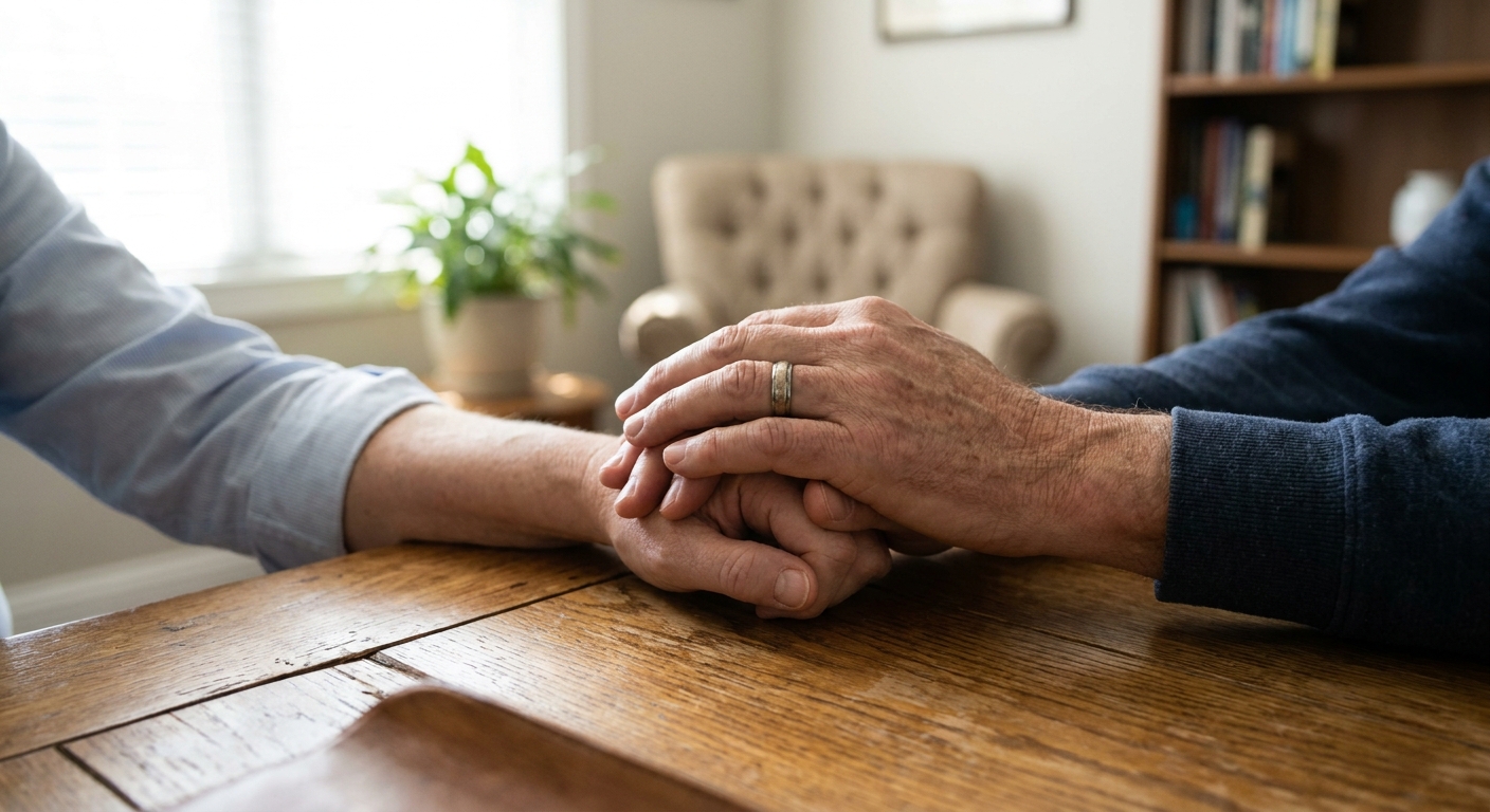 Two hands clasped together across a wooden table in a naturally-lit therapy office, symbolizing support and connection in dual diagnosis treatment