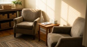 Empty therapy chairs in a welcoming outpatient treatment room with natural morning light in Piedmont, South Carolina