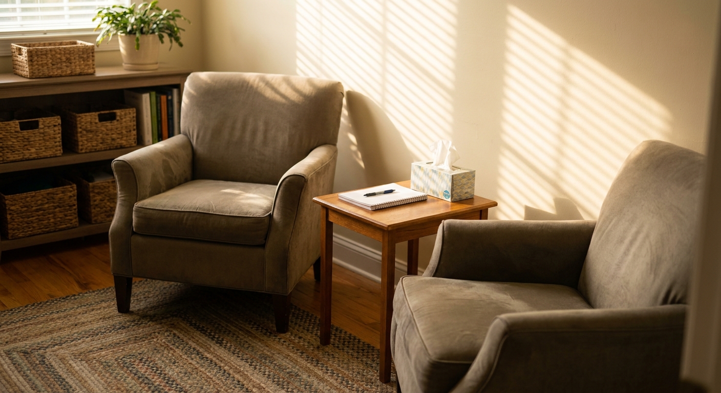 Empty therapy chairs in a welcoming outpatient treatment room with natural morning light in Piedmont, South Carolina